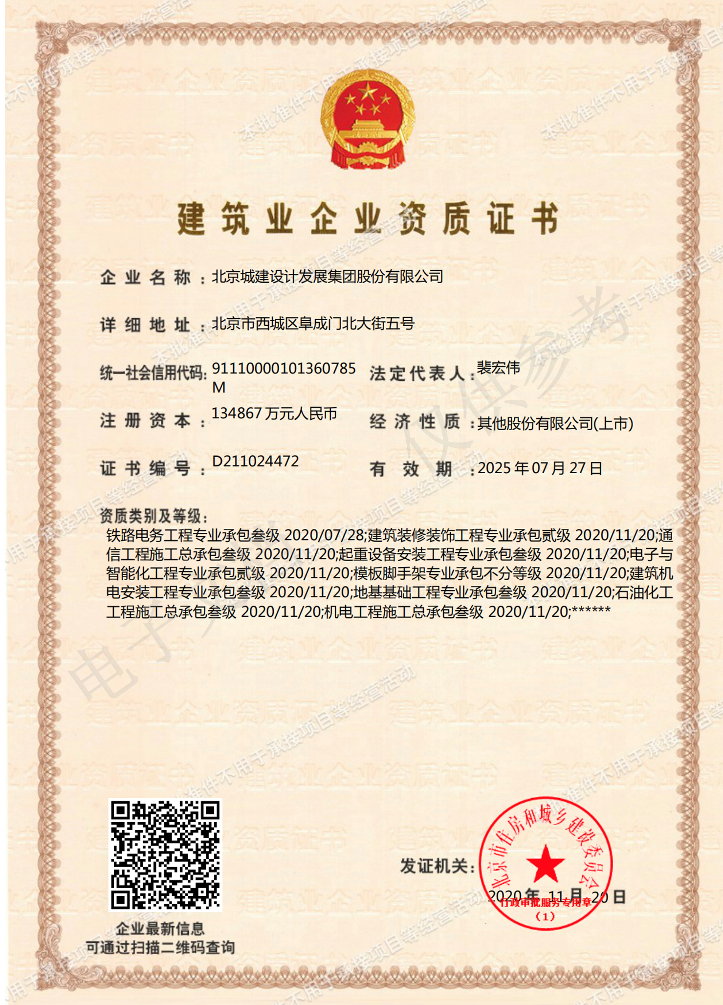 北京城建设计发展集团股份有限公司-企业资质